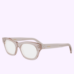 Celine Optical Frames CL50166I 53045 by Celine Sunglasses in translucent pink with rectangular frames and clear lenses, shown at a three-quarter angle on a light purple background.