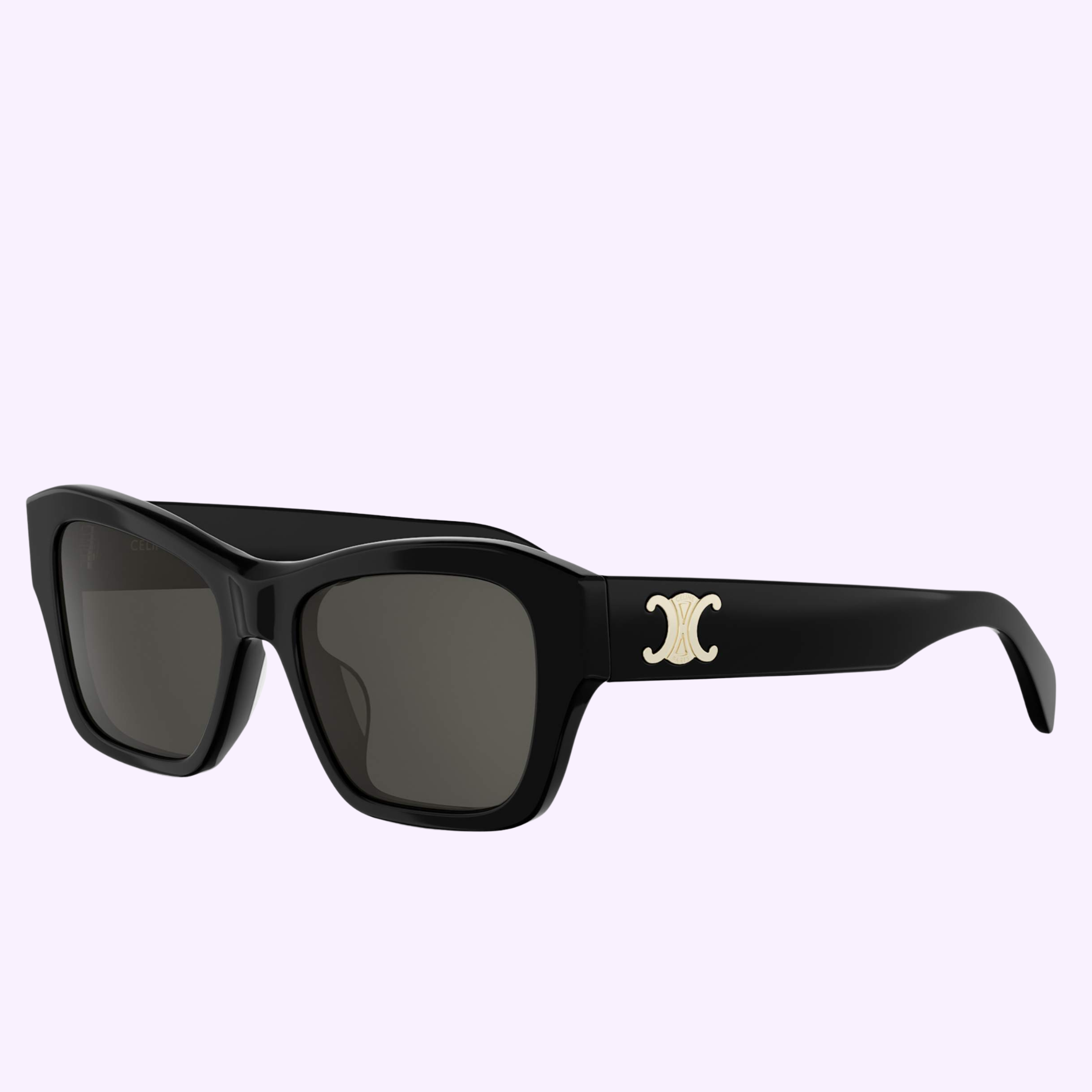 Celine Sunglasses CL40330U 5401A featuring black square frames, dark lenses, and a gold double crescent moon logo on the temples; displayed against a light purple background. 100% authentic.