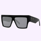 The Celine CL40092I 01A 60 Women Sunglasses by Celine Sunglasses feature a bold black rectangular geometric design with thick frames and dark lenses, accented by a subtle gold CELINE logo on the arm, embodying true luxury eyewear and beautifully presented against a light purple background.