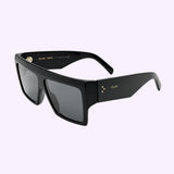 The Celine CL40092I 01A 60 Women Sunglasses feature a striking, oversized rectangular silhouette in black with dark lenses and thick frames for a luxurious eyewear look. Adorned with signature CELINE branding in gold on the temples, these geometric Celine Sunglasses are showcased against a light pastel lavender background.