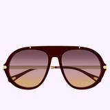 Front view of Chloe Sunglasses CH0357S-004 58 by Chloe Sunglasses, featuring sporty burgundy frames with gold accents and gradient brown mirrored lenses, complete with the Chloé logo on the bottom right lens.