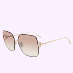 The Chopard SCHF72M 300X 62 Women Sunglasses feature oversized, square lenses with a brown gradient tint and elegant gold frames, showcased on a light purple background—luxury eyewear that reflects the renowned Swiss high jewelry expertise of Chopard Sunglasses.