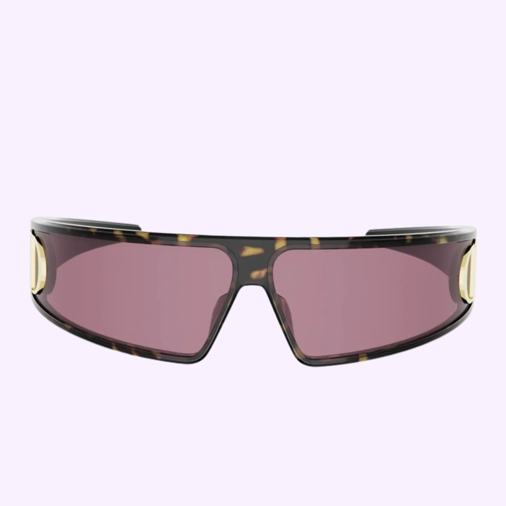 The Dior Sunglasses VERYDIOR M1U CD40180U 9172B feature a wraparound tortoiseshell frame with wide arms, gold accents, and purple-tinted lenses, shown on a light background.