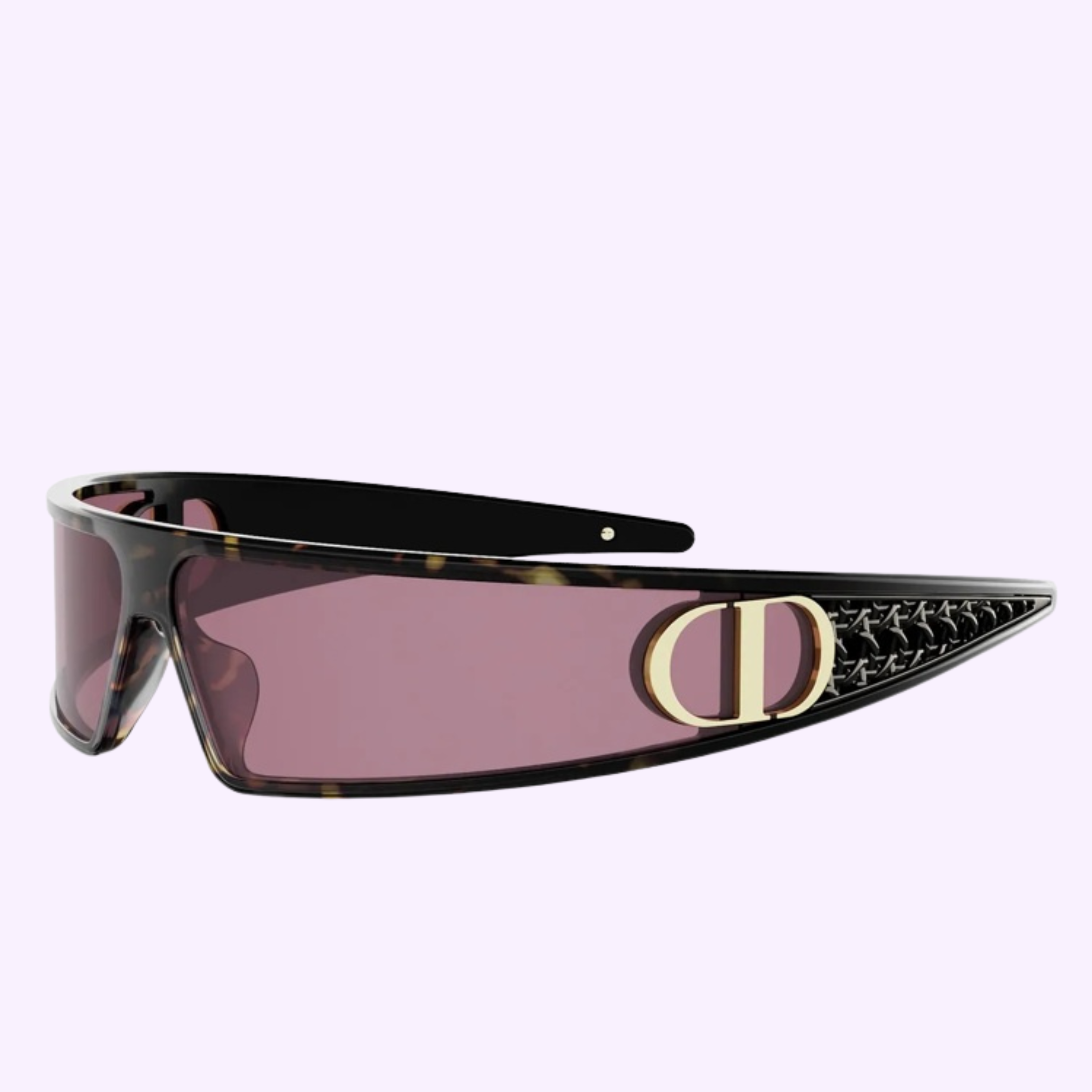 The Dior Sunglasses VERYDIOR M1U CD40180U 9172B feature purple-tinted wraparound lenses, a tortoiseshell frame, and a bold gold CD logo on the side, set against a light lavender background for a cool Miami vibe.