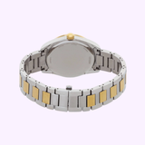 The Citizen AW1694-50A Eco-Drive men's watch by Citizen Watches features a silver stainless steel strap with gold rectangular accents, shown from the back with an open clasp against a light purple background.