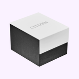 A black and white Citizen watch box with a white lid featuring the Citizen logo, set against a light purple background—the perfect packaging for the Citizen AW1694-50A Eco-Drive Silver Stainless Steel Strap Men Watch by Citizen Watches.