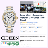 A Citizen AW1694-50A Eco-Drive men’s watch with a silver stainless steel strap is displayed beside a 5-star Google listing for Lexor Miami, a store offering sunglasses, watches, and perfumes with contact details.