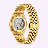 Gold-tone Citizen Watches TSUYOSA 60 NK0022-50A automatic watch featuring a five-link bracelet and an exhibition case back revealing the mechanical movement.