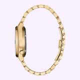 Side view of a gold-tone Citizen Watches TSUYOSA 60 NK0022-50A automatic watch with a link bracelet and a circular case.