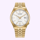 Gold-tone Citizen Watches TSUYOSA 60 NK0022-50A automatic watch with a white patterned dial, gold hands and indices, and a date window at the three o’clock position.