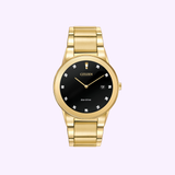 Citizen Watches AU1062-56G Axiom men’s gold-tone Eco-Drive wristwatch with a black dial, diamond hour markers, date window, edge-to-edge glass; shown on white with “LEXOR MIAMI” and “CITIZEN” text.