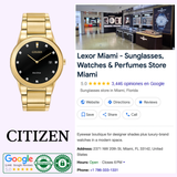 A Citizen Watches AU1062-56G Axiom men's gold-tone Eco-Drive watch by Citizen Watches (UPC 013205110269) is displayed next to a Google listing for Lexor Miami—a sunglasses and watch store—showcasing a store photo, reviews, contact information, authenticity badges, and emphasizing the sophisticated edge-to-edge glass design.