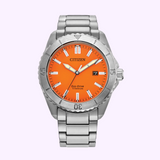 The Citizen Watches AW1840-50X Brycen, featuring Eco-Drive technology, an orange dial, silver markers, date at 3 o’clock, and a metal bracelet, is shown on a light purple background. Brand: Citizen Watches. UPC: 013205165979.