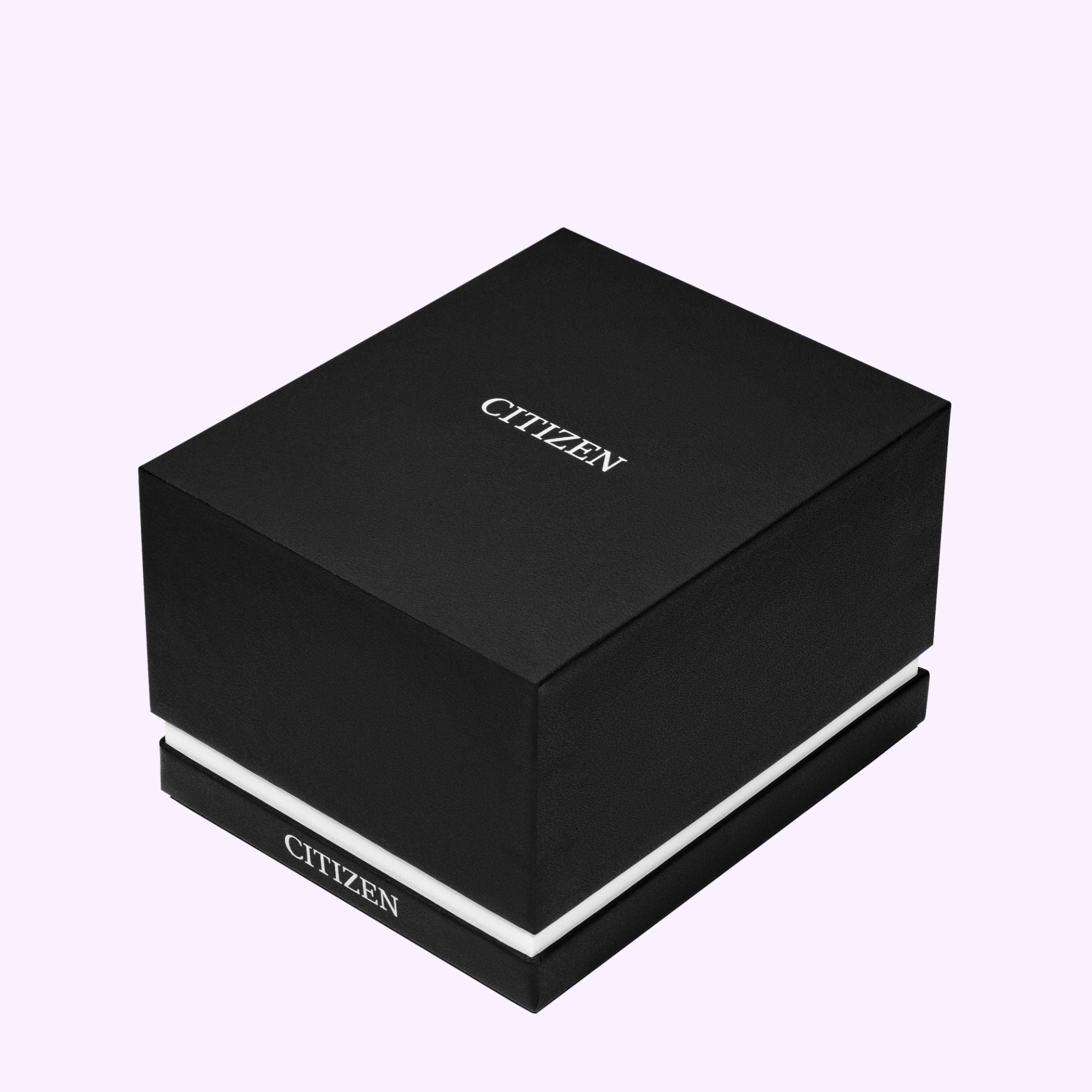 A black square gift box for a Citizen Watches Addysen BJ6572-54X watch, with the brand name printed on the lid and the front.