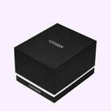 A black square gift box for a Citizen Watches Addysen BJ6572-54X watch, with the brand name printed on the lid and the front.