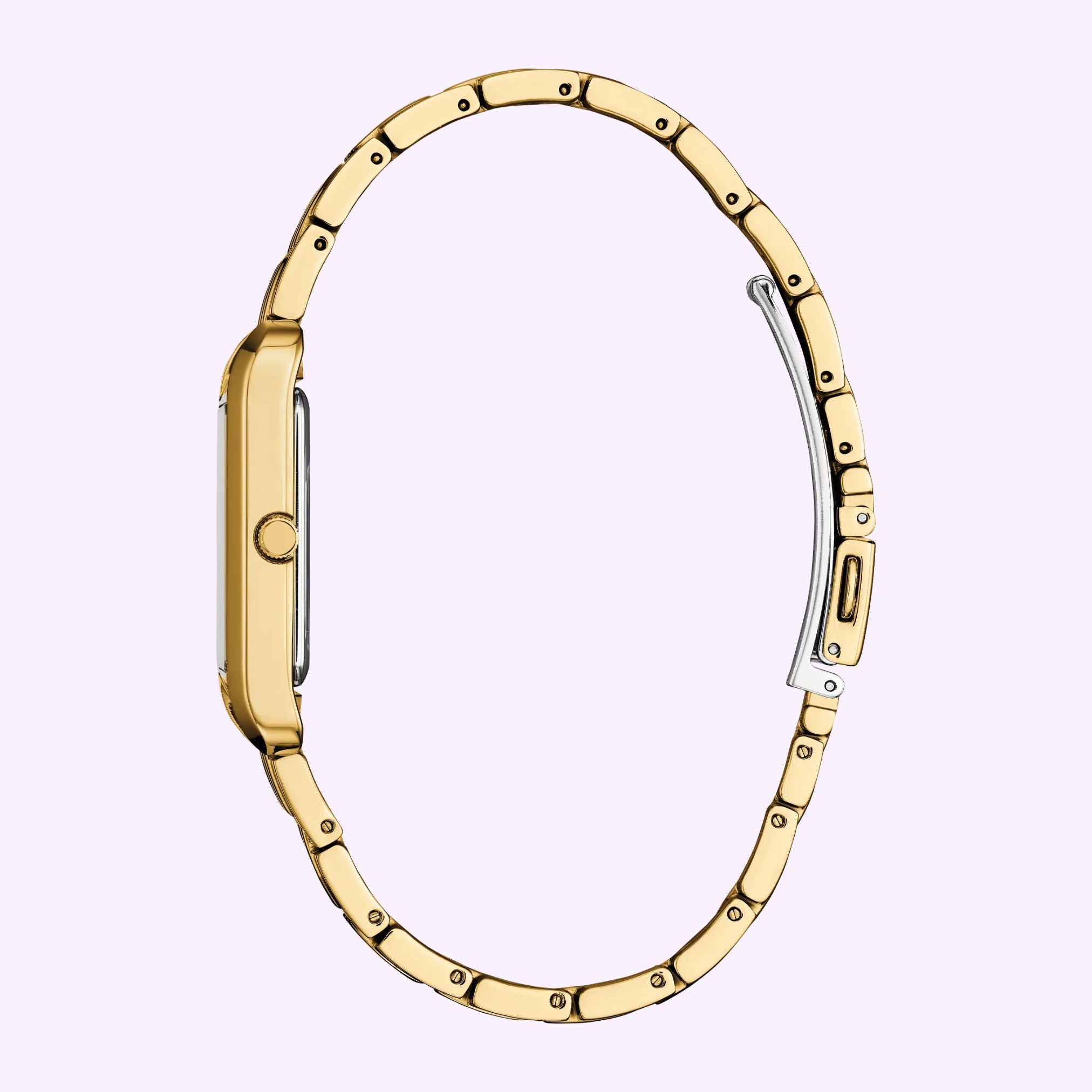 Side view of a gold-tone Citizen Watches Addysen BJ6572-54X dress watch with a link bracelet, a sunray red dial, and a single crown on the case.