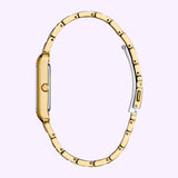 Side view of a gold-tone Citizen Watches Addysen BJ6572-54X dress watch with a link bracelet, a sunray red dial, and a single crown on the case.