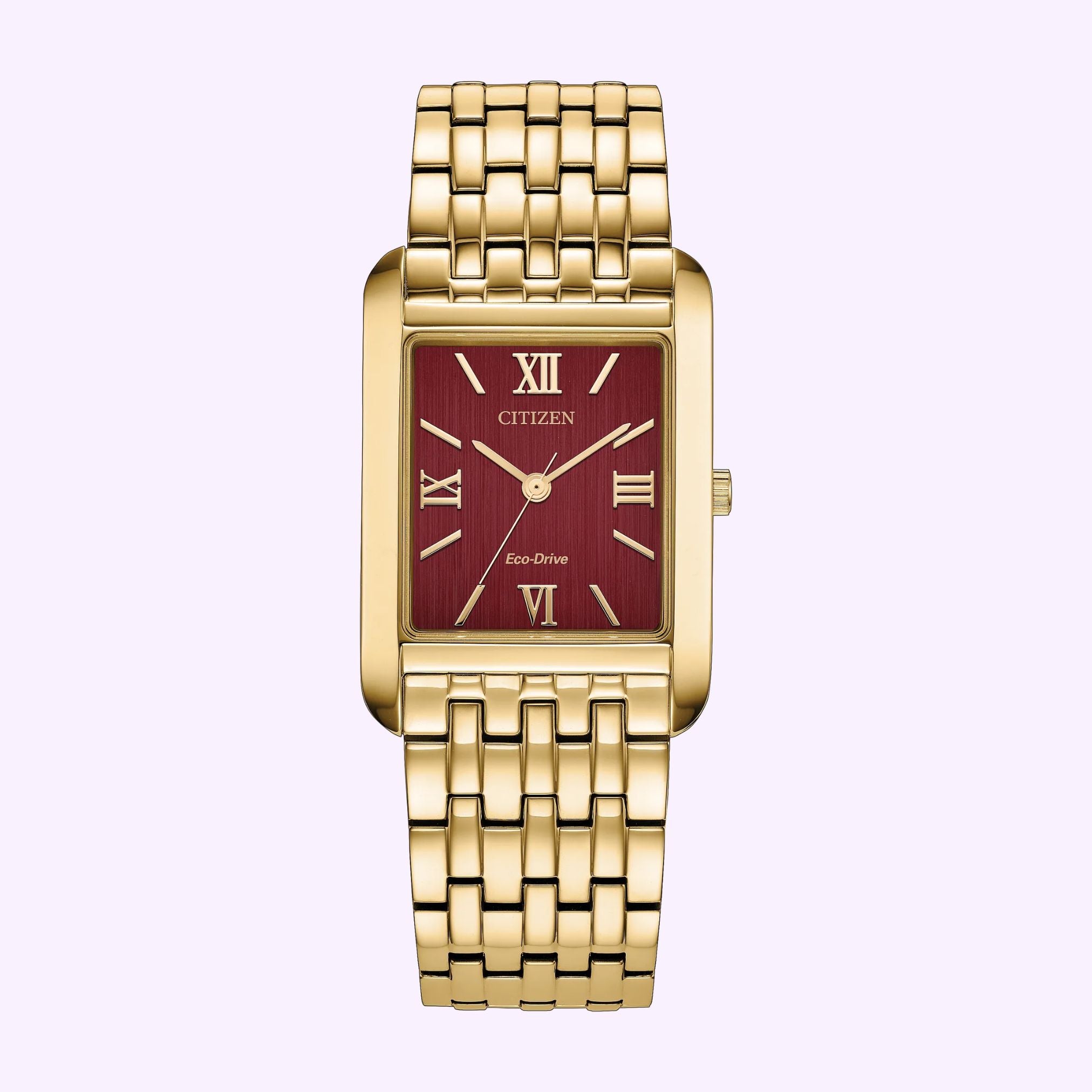 Gold-tone rectangular Citizen Watches Addysen BJ6572-54X watch with a sunray red dial, Roman numeral hour markers, and a matching link bracelet.