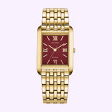Gold-tone rectangular Citizen Watches Addysen BJ6572-54X watch with a sunray red dial, Roman numeral hour markers, and a matching link bracelet.