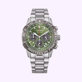 The Citizen Watches CA4664-60W Promaster Navihawk (UPC: 013205169595) features a stainless steel case, green dial with three black subdials, silver hour markers, rotating bezel, metal bracelet, and multiple function buttons.