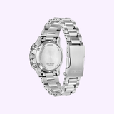 A Citizen Watches CA4664-60X Promaster Eco-Drive (UPC: 013205169588) stainless steel wristwatch displayed from the back, showcasing the clasp and engraved caseback details, set against a light purple background.