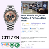 A Citizen Watches CA4664-60X Promaster Eco-Drive (UPC: 013205169588) chronograph sits beside a Google listing for Lexor Miami, a Florida boutique specializing in sunglasses and luxury-brand watches, displaying reviews and contact details.