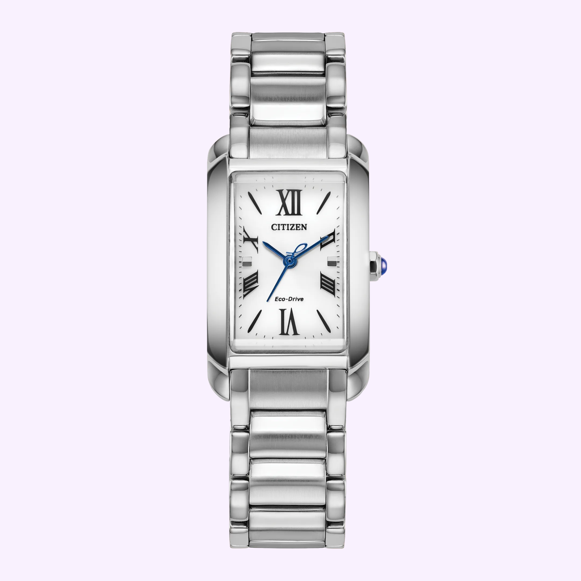 The Citizen Watches Citizen L Bianca EW5620-55A, a silver stainless steel watch with a rectangular face, Roman numerals, blue hands, and metal link bracelet, is displayed on a light purple background.