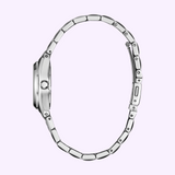 Side view of a silver-tone Citizen Watches Corso EW2291-51L stainless steel watch with a circular case, link band, and crown.