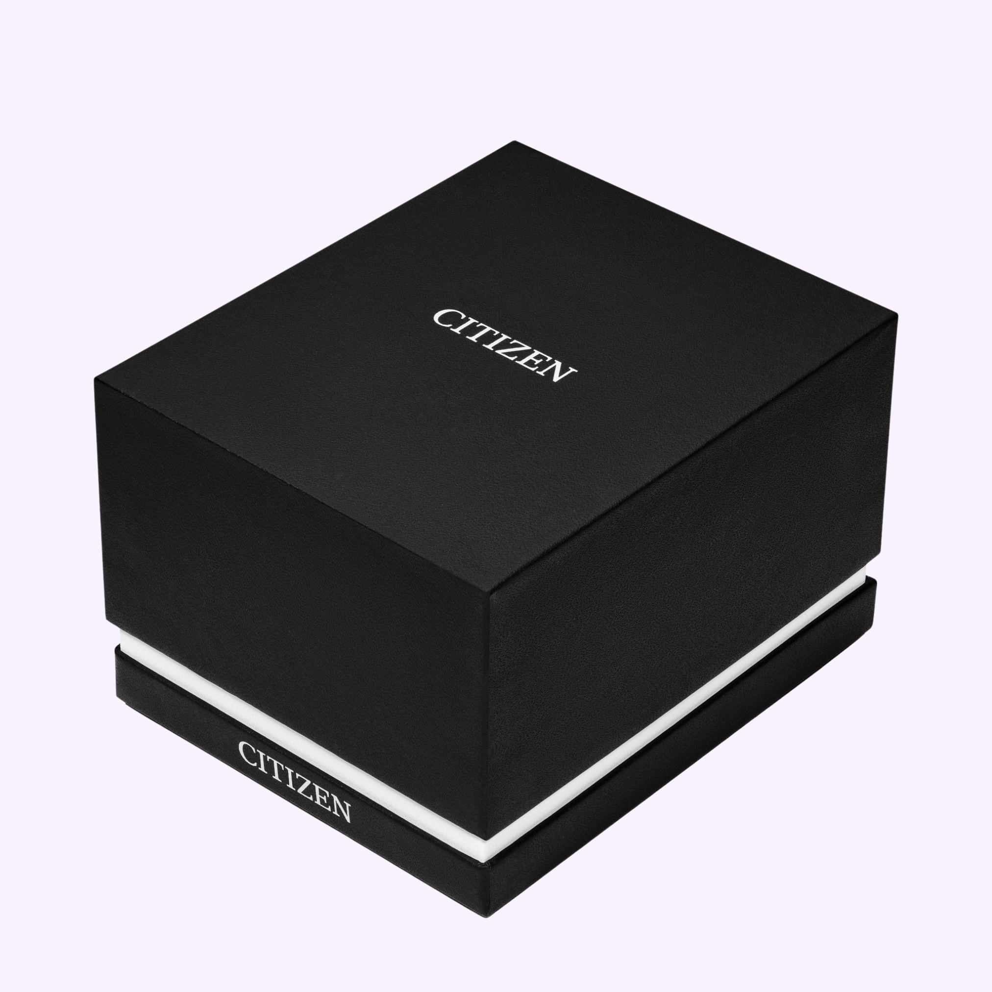 A black rectangular Citizen Watches box featuring the Citizen logo in white on both the lid and base, displayed against a light background—an ideal presentation case for the Citizen Watches Eco-Drive Corso EW2299-50A or any elegant two-tone stainless steel timepiece.