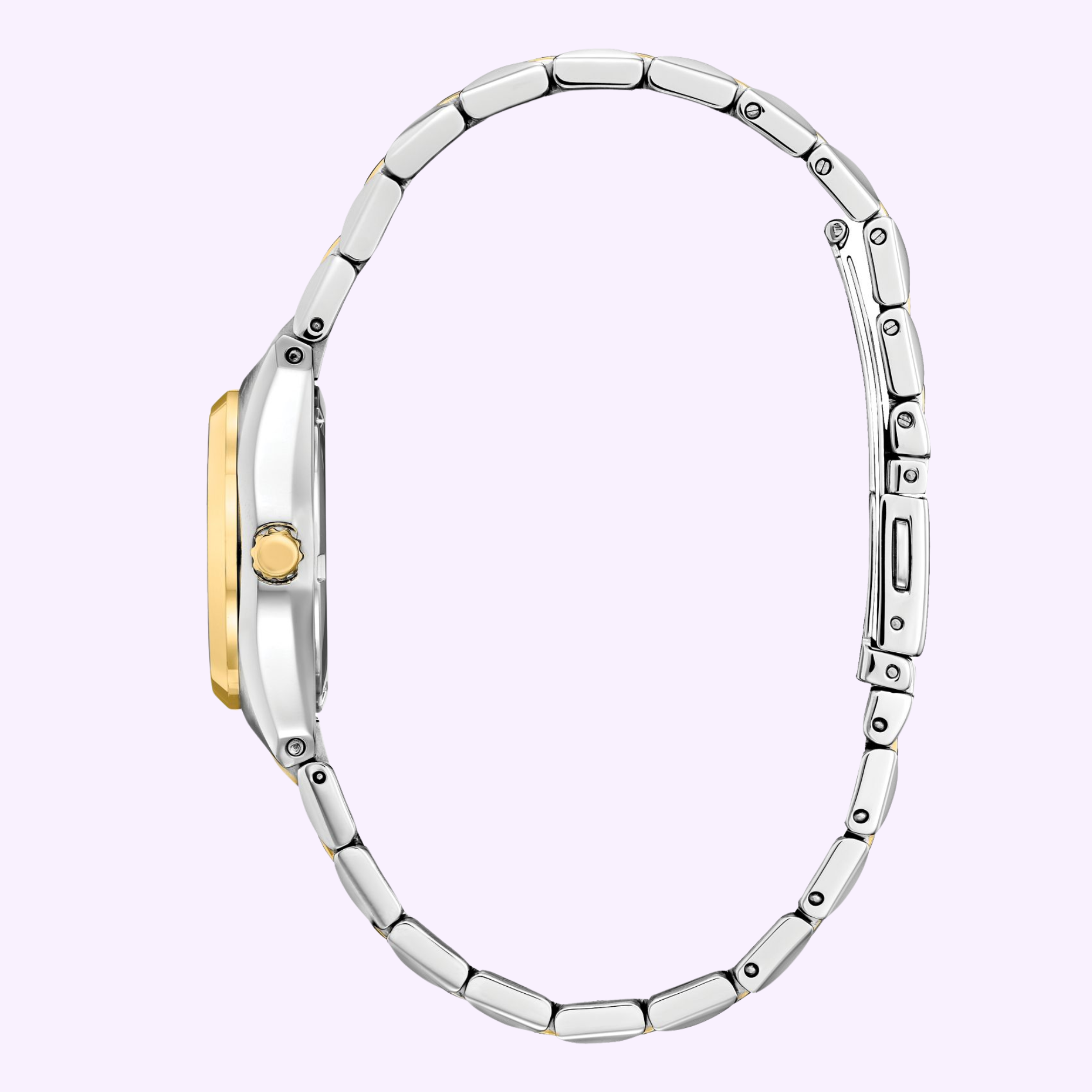 A slim, two-tone stainless steel women’s watch with gold accents from Citizen Watches is displayed from the side on a light purple background, highlighting the elegant profile of the Citizen Watches Eco-Drive Corso EW2299-50A. The watch face is hidden from view to showcase its sleek silhouette.
