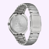 Back of the silver-toned Citizen Watches Eco-Drive PHOTON BJ6560-53W case and bracelet, featuring a limited edition engraving of the number 50 and an individual serial number.