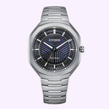 Citizen Watches Eco-Drive PHOTON BJ6560-53W limited edition analog watch with a silver-tone Super Titanium bracelet, round case, and a textured purple and black dial featuring luminous hands and markers.