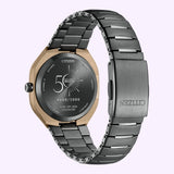 Back view of a rose-gold-toned Citizen Watches Eco-Drive PHOTON BJ6569-59X with a dark gray Super Titanium link bracelet, showing an engraved case back featuring a 50 logo and a limited edition serial number.