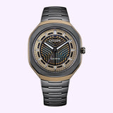 Citizen Watches Eco-Drive PHOTON BJ6569-59X limited edition analog watch with a Super Titanium metal link bracelet, gold-tone bezel, and a patterned gold and blue dial.