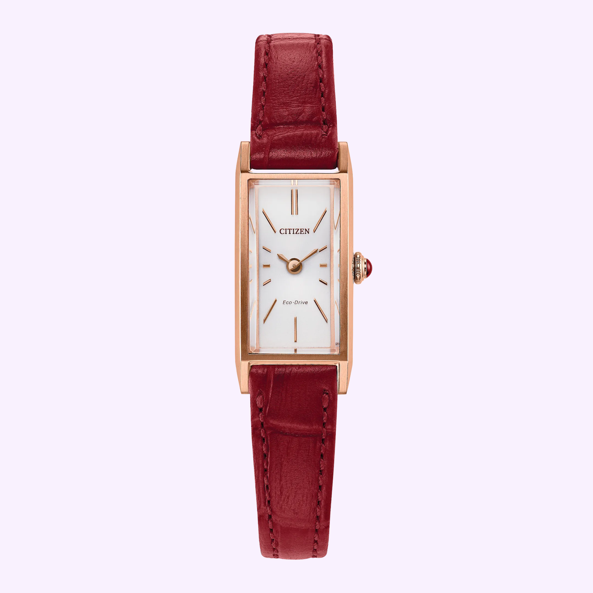The Citizen Watches Fio EG7123-01A features a rectangular gold-tone case, white dial with gold hour markers, burgundy leather strap, and a crown with a red accent. Shown on a light purple background.