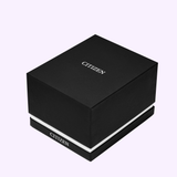 A black Citizen Watches box with white lettering, closed, rests on a light lavender background—perfect for gifting the limited edition Citizen Watches L Mae EM1133-85L from Citizen Watches.