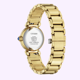 A Citizen Watches L Mae EM1133-85L Limited Edition ladies’ watch is shown from the back, displaying engraved details on its silver case and featuring a blue accent on the crown.