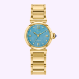 A gold wristwatch with a turquoise blue face, gold hour markers, and a metal link band. The brand name Citizen Watches is visible at the top of the dial, highlighting the elegant Citizen Watches L Mae EM1133-85L Limited Edition Eco-Drive ladies’ watch from the L Mae collection.