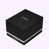 A black rectangular Citizen Watches Peyten EM1230-54X watch box with the brand name printed on the lid and the front edge.