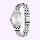 The back of a silver-tone stainless steel Citizen Watches Peyten EM1230-54X watch, showing the case back markings and the fold-over clasp.