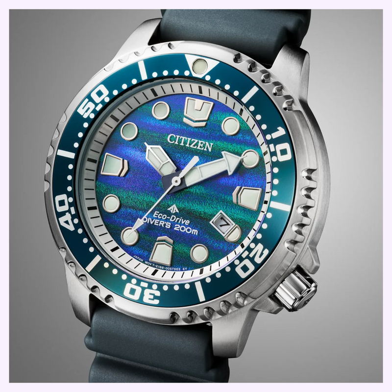 Citizen Promaster Dive BN0167-09W structural ink dial shifting to teal and blue-green under different light