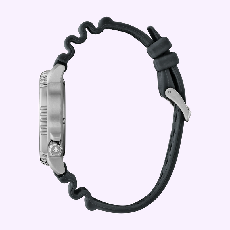 Side profile of the Citizen Promaster Dive BN0167-09W showing stainless steel case, crown guards and polyurethane strap