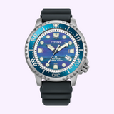 Citizen Watches Promaster Dive BN0167-09W limited edition watch with a dark grey silicone strap, blue and purple patterned dial, and a blue rotating bezel.