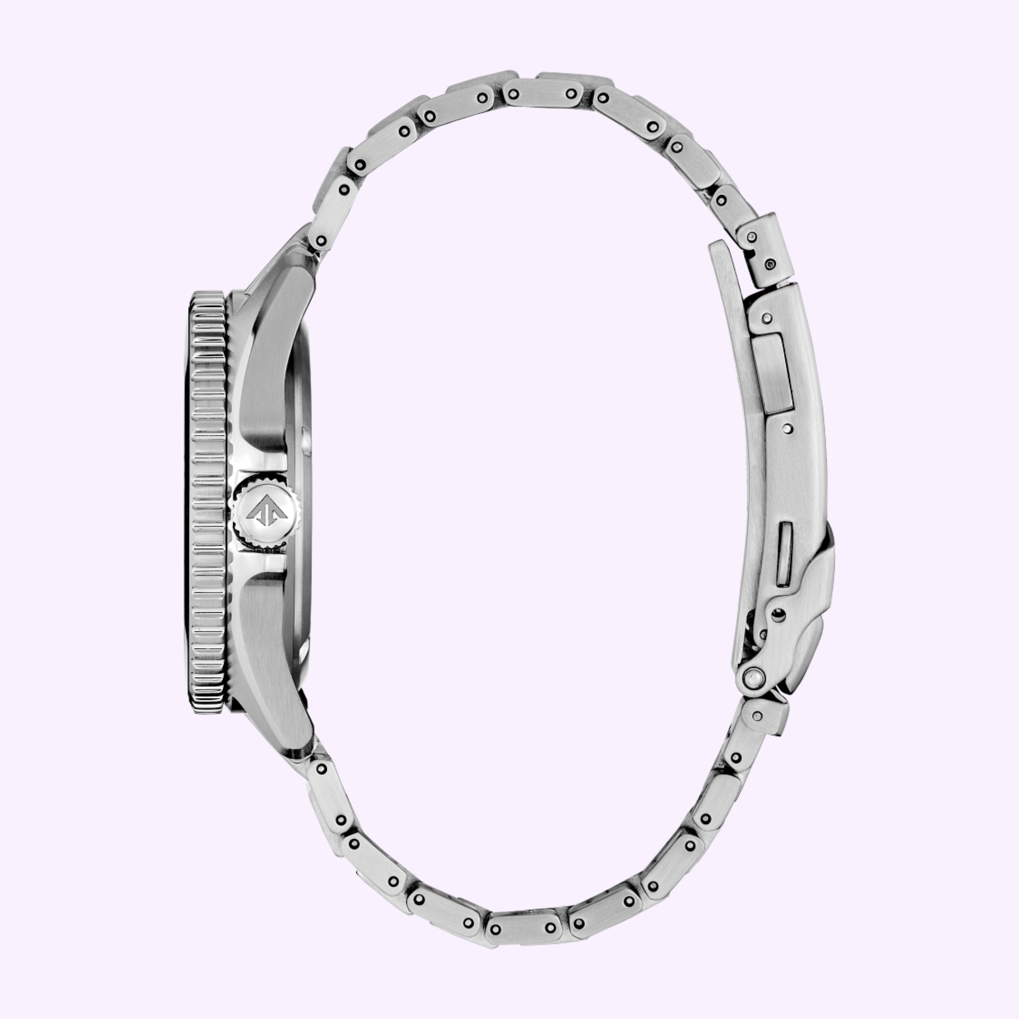 Side view of the Citizen Watches Promaster Dive BN0260-54L, a stainless steel watch with a textured bezel, logo crown, and linked metal bracelet displayed against a light purple background.