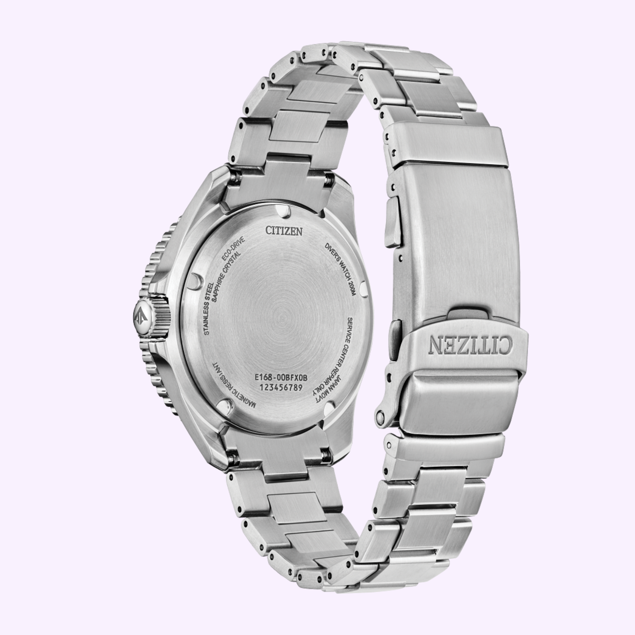 The Citizen Watches Promaster Dive BN0260-54L is shown from the back, highlighting its brushed stainless steel strap, engraved case details, and the Citizen logo on the clasp.