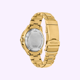A Citizen Watches Promaster Dive BN0262-59W is shown from the back, highlighting its robust gold-tone stainless steel case back with engraved details and the CITIZEN logo adorning the clasp—a sophisticated reflection of the exceptional craftsmanship in every Citizen Watches timepiece.