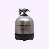 A silver metal cylinder with a valve on top, labeled "Promaster" and "Citizen," stands upright on a black base against a plain light background—evoking the robust engineering of the Citizen Watches Promaster Dive BN0262-59W.