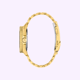 The Citizen Watches Promaster Dive BN0262-59W, a gold-tone stainless steel wristwatch by Citizen Watches, is displayed from the side in an open oval shape with its clasp and bezel visible against a light purple background.