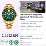 A Citizen Watches Promaster Dive BN0262-59W, featuring a gold-tone stainless steel design and a striking green face, is displayed. Next to it appears a Google listing for Lexor Miami—a sunglasses and watch store—showing the store photo, reviews, address, contact details, and business hours.