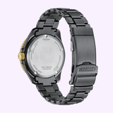 A close-up of the Citizen Watches Promaster Dive LIGHT in BLACK BN0264-53E shows its black metal band, gold crown accents, engraved stainless steel case back, and a visible Citizen Watches logo on the clasp.